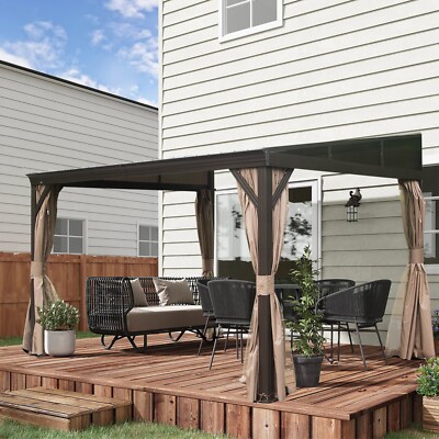 Domi 12x14FT Hardtop Gazebo Against Wall w/Sloping Steel Roof,Curtains&Netting