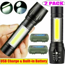 2PCS COB Torch USB Rechargeable Flashlight Light Zoomable Camping Portable Lamp