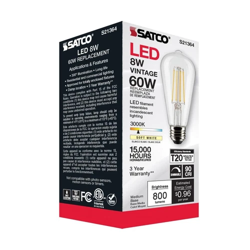 Satco S21364 - 8 Watt ST19 LED Clear E26 Light bulbs - 90 CRI - 3000K (6 Pack) - Picture 8 of 9