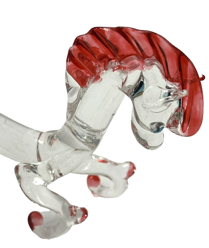 Clear Glass Horse Kneeling Small Figurine Red Mane Tail Hoofs VTG Hand Blown Art - Picture 2 of 10