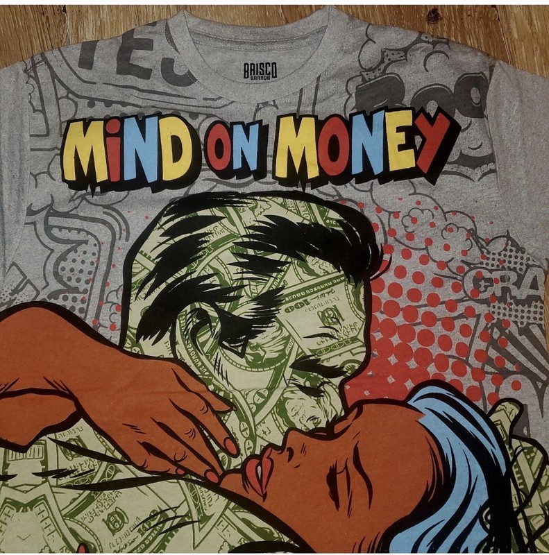 Brisco Brands Mind On Money Graphic Print T-Shirt Grey Men's Crew Neck XL