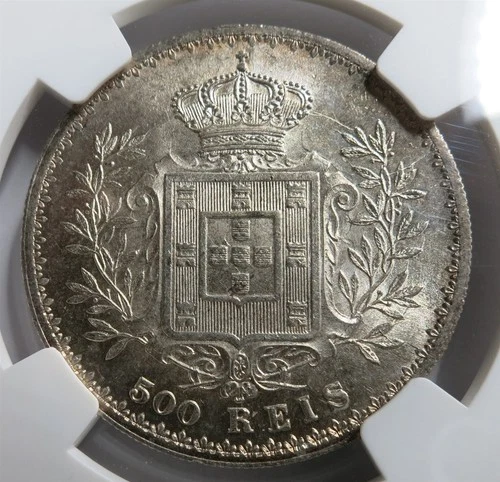 PORTUGAL Kingdom 500 reis 1891 NGC MS 63 UNC King Carlos Silver Wreath Graded