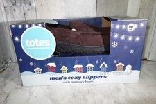 TOTES NEW Mens 8-9 Dark Chocolate Brown Faux Fur Memory Foam Slip On Slippers