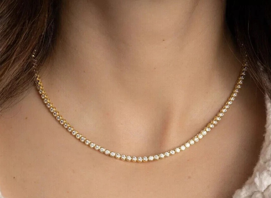 "6.50Ct Round Lab Grown Diamond Bezel Set Tennis Necklace 10K Gold 18\" Gift Her"