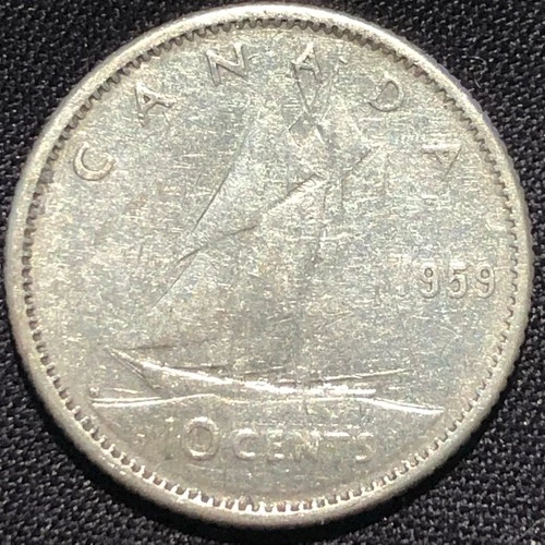 1959 Canada 10 Cents Silver Coin - VF (Very Fine) condition