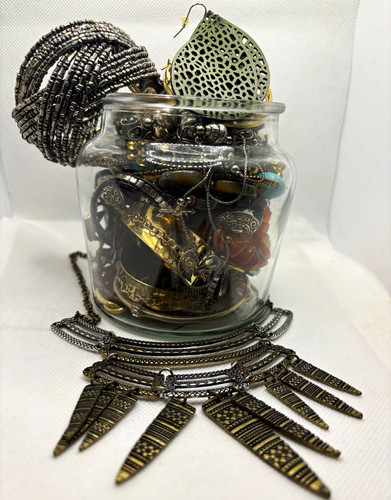 Mixed Fashion Jewelry Lot in Glass Jar - Necklaces Bracelets Earrings 50+