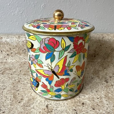 VTG Floral Butterfly Daher Metal Tea Tin MCM Made In England Retro Colorful
