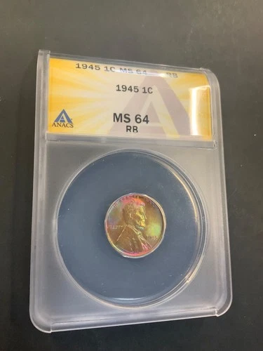 RARE 1945 RAINBOW TONED MS64 RB WHEAT PENNY ANACS SLAB