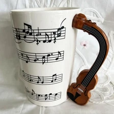 Novelty Music Themed Ceramic Coffee Mug w Violin Handle & Musical Notes 5" Tall