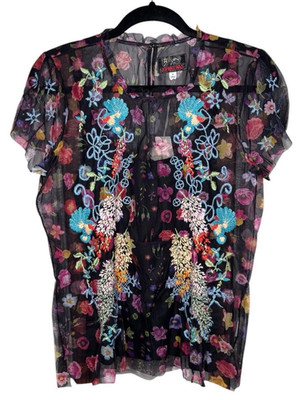 Johnny Was M Rheia Mesh Blouse Black Floral Embroidered Short Sleeve Top Slip