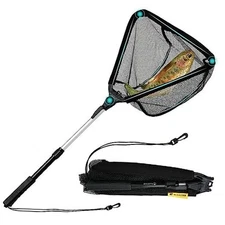  Floating Fishing Net Foldable C2:16" Hoop Size Black (Telescopic Pole)