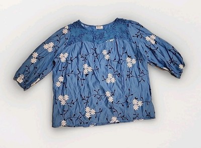 Kindred Peasant Boho Womens Top 2X Blue Floral Embroidery Lace Neckline NEW R1