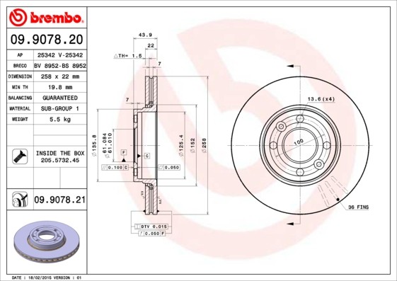 Disque de frein de rechange Brembo 09.9078.20 - Lot de 2 disques de freinage avant ventilés