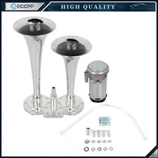 12V 135dB Car Truck Chrome Metal Dual Trumpet Train Air Horn Kit LOUD