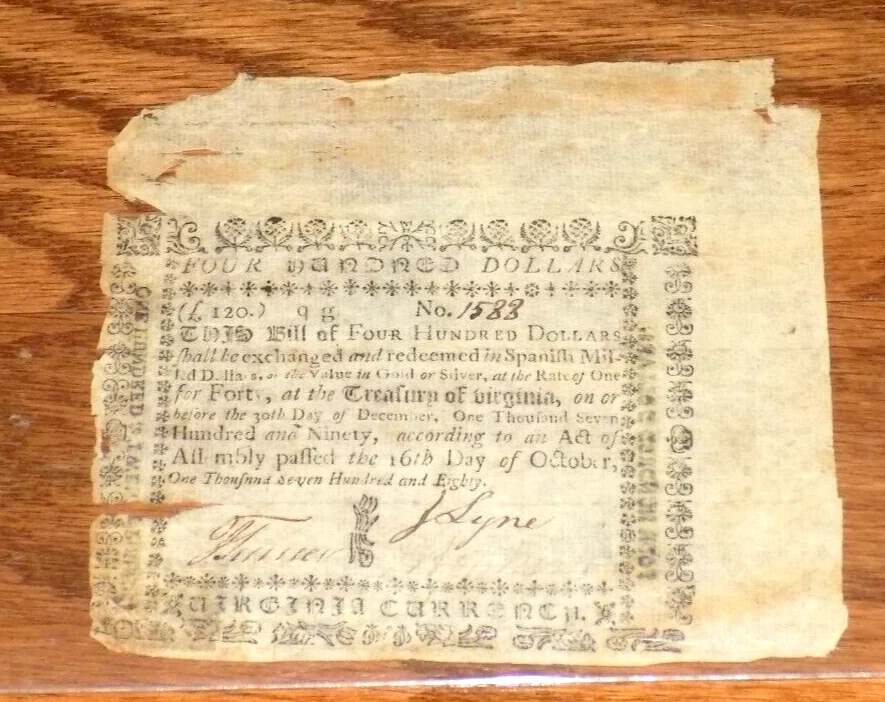 Oct. 16, 1780 $400 VIRGINIA Colonial Currency Note PCGS Very Fine 25 Apparent - Image 2 of 4