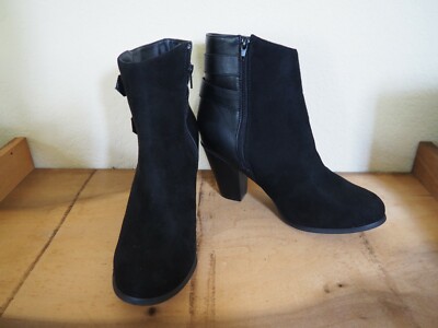 Alpine Swiss Nendaz Ankle Booties Black Suede & Leather Block Heel Boot Shoes 10
