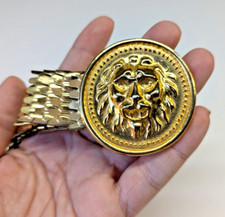 Vintage 1990 Lion Head Stretch Metal Gold Tone Fish Scale Belt Hook Closure GLAM