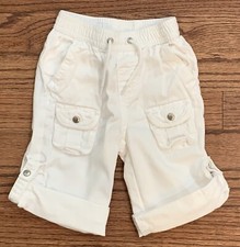 Janie Jack Rolled Cuff White Cotton Deck Beach Pants Sz 6-12m Elastic Waist
