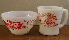 Vintage 1950s Fire King Davy Crockett Milk Glass Red Print Bowl Mug