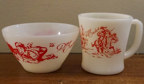 Vintage 1950s Fire King Davy Crockett Milk Glass Red Print Bowl & Mug