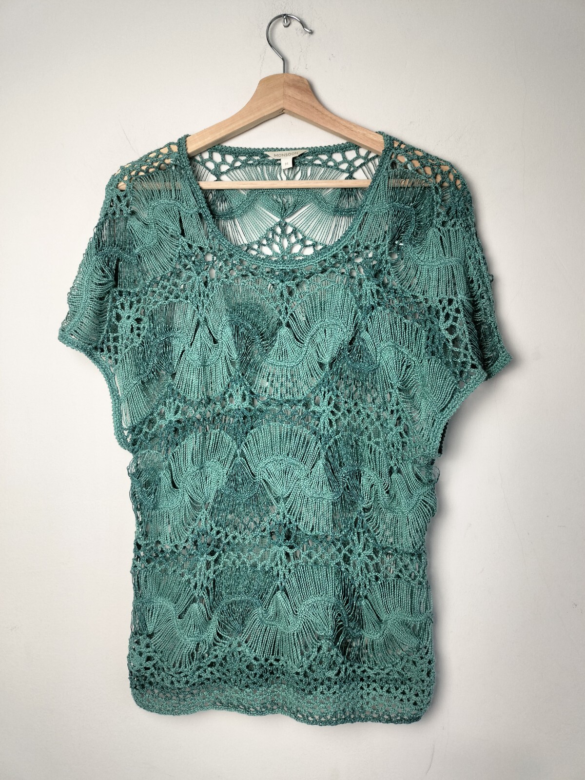 Monsoon Teal Crochet Open Knit Round Neck Top Jumper Women's UK