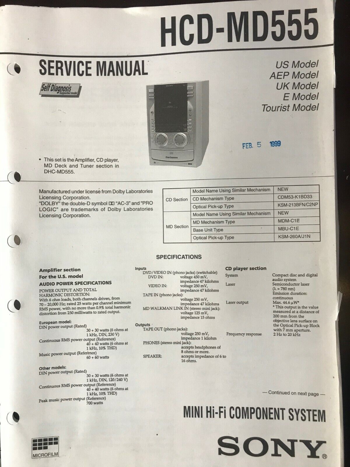 ORIGINAL SERVICE MANUAL & SCHEMATIC SONY HCD-MD555 D746