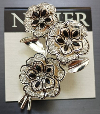 New Napier Silver Tone and Black Triple Flower Pin
