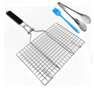 Stainless Steel BBQ Grill Basket with Brush & Tongs   Foldable Veggie Rack
