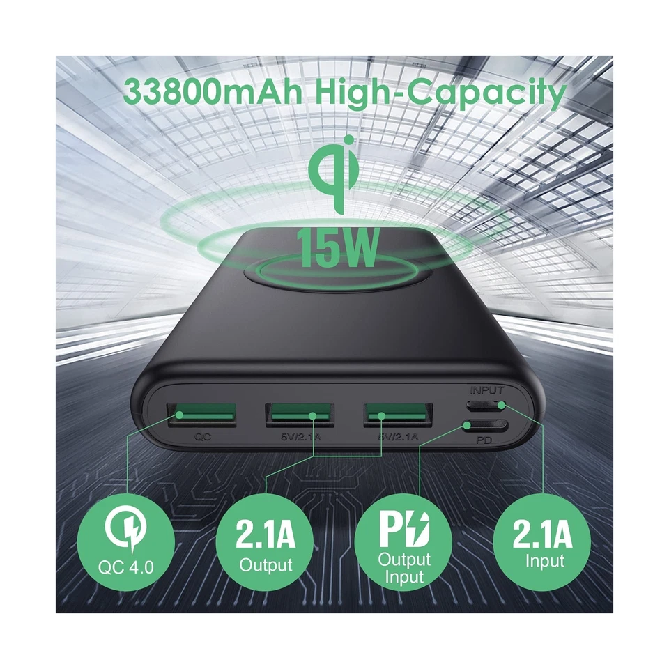 Banco de alimentación cargador portátil inalámbrico H·E·T·P, 33800 mAh 15 W rápido inalámbrico Ch... Foto 2 de 4