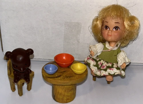 Vintage Storykins GOLDILOCKS Doll Set Liddle Kiddles Era Hasbro Table Bowls Bear