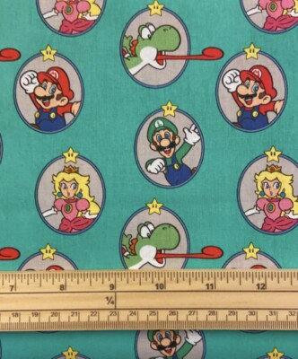 Fat Quarter Super Mario 2 Mario Peaches Luigi Yoshi Abzeichen türkis Baumwollstoff