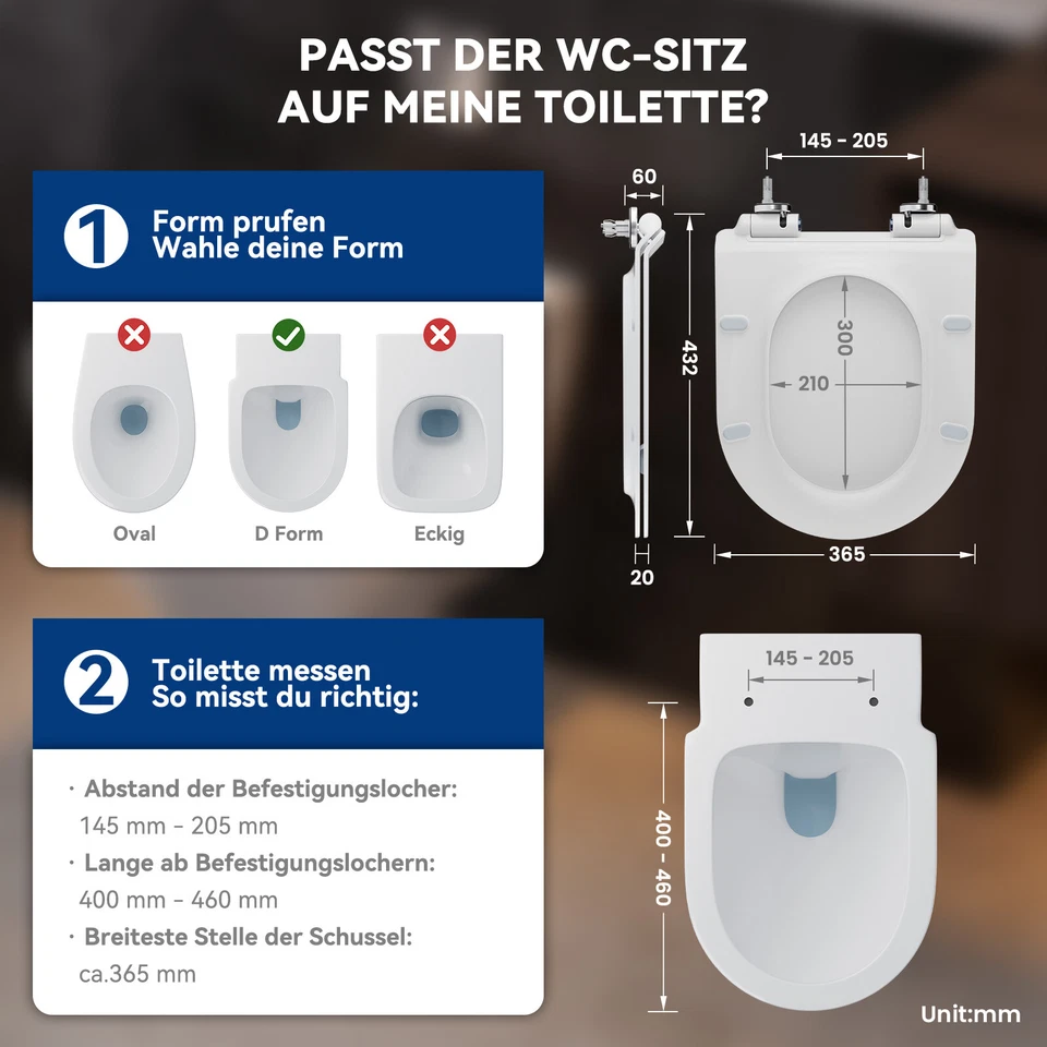 WC Sitz Toilettendeckel D Form mit Absenkautomatik Weiß Toilettenbrille Klobrill - Bild 3 von 4