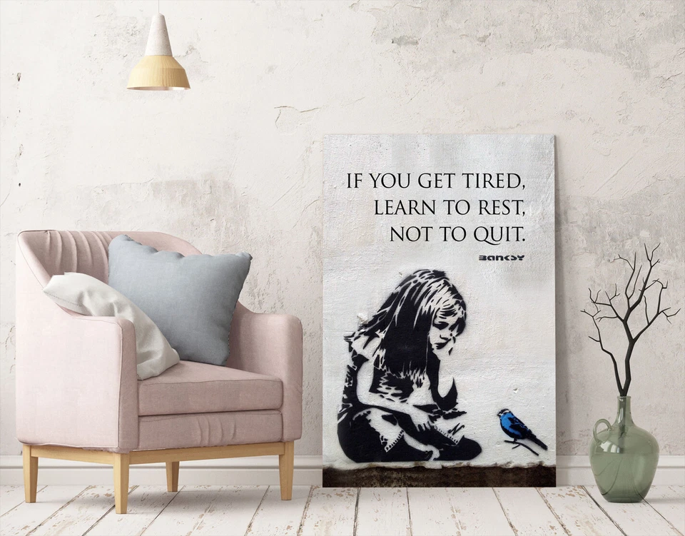 BANKSY GIRL BLUE BIRD QUOTE LEARN TO REST CANVAS WALL ART PRINT GRAFFITI PORT - Image 2 of 4