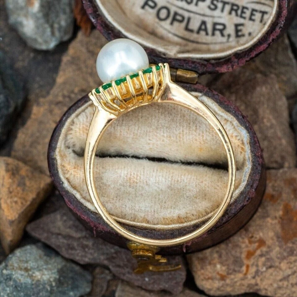 Round Cut Lab Created Emerald Pearl Ring for Mother's Day 14k Yellow Gold Plated - Image 3 of 4