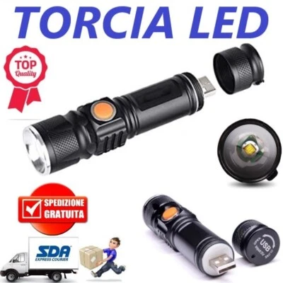 TORCIA LED RICARICABILE USB MINI TATTICA LUCE LED CREE T6 MOLTO POTENTE ZOOM
