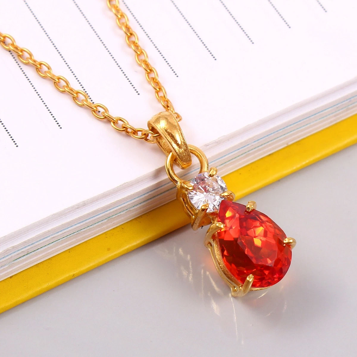 Orange Sapphire Pendant Pear Gemstone Necklace Gift For Her