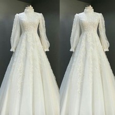 Muslim Wedding Dresses High Neck Long Sleeve Lace Appliques A Line Bridal Gown