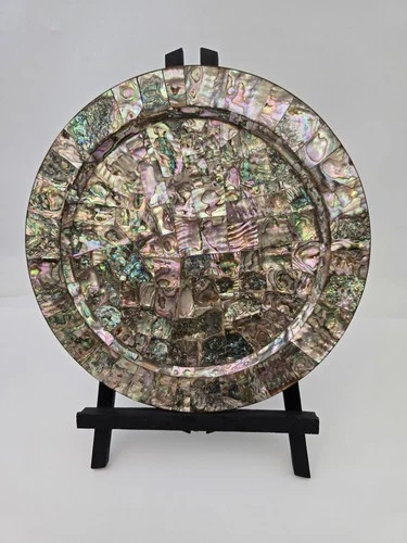 Vintage Brass Tray Platter 12" Abalone Shell Inlay Plate Dish DAMAGED