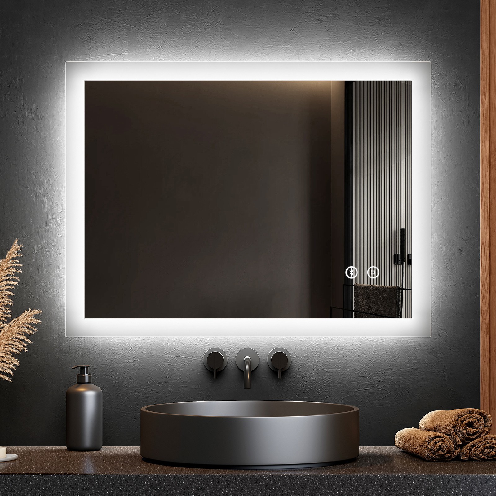Cloakroom Vanity Mirror LED Demist with Bluetooth Shaver Socket Compact 60x45cm