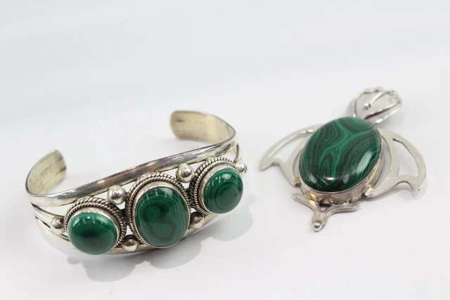 23 Sterling Silver Malachite Jewellery Bangle Pendant Statement x 2 (48g)