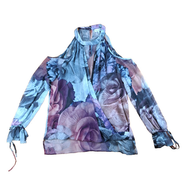 Wayne Cooper Top Womens Size 10 Floral Halter Sheer Wrap Col Shoulder Blouse