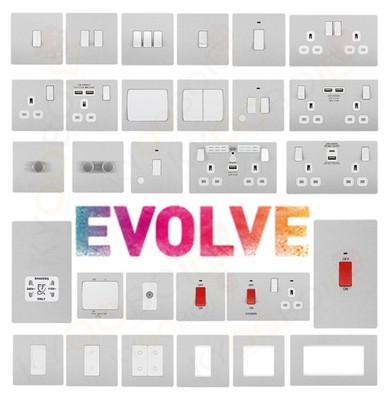 BG Evolve Stahl gebürstet schraubenlos Schalter & Steckdosen weiß Einsatz Vollsortiment
