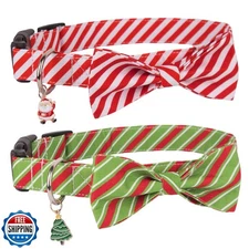 PTDECOR Christmas Dog Collar with Bow, Classic Stripe Xmas Pet with Removable