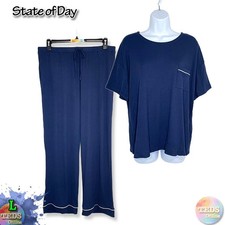 NWT State of Day Women's L Ribbed-Knit Pajama Set 100201670, Navy Blazer