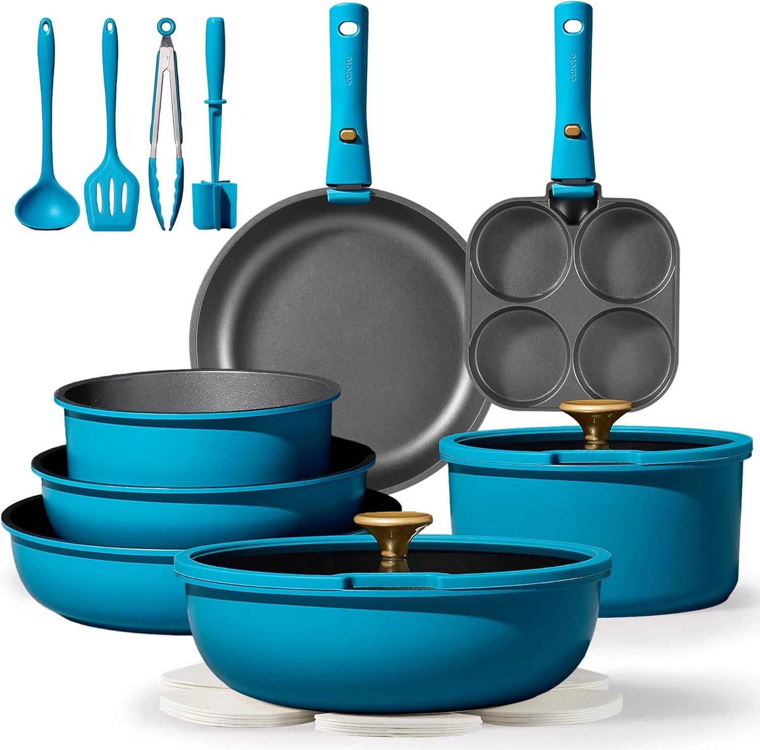 21-Piece Nonstick Cookware Set with Detachable Handle, Peacock Blue