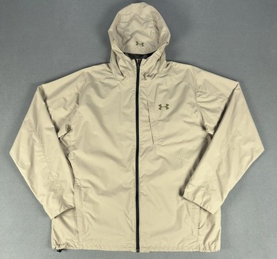 Under Armour Rain Jacket Mens Large Beige Storm Hooded Full Zip Nylon Outdoor