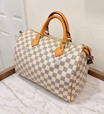 Louis Vuitton Damier Azur Speedy 30 Satchel Zip w Lock Key Dust Bag Card