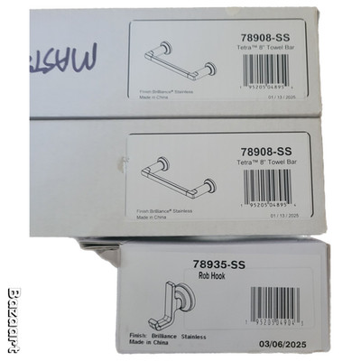 Delta Tetra BathrooM 3-Piece Set (2) 8'' Towel Bars & (1) Robe Hook Stainless NEW