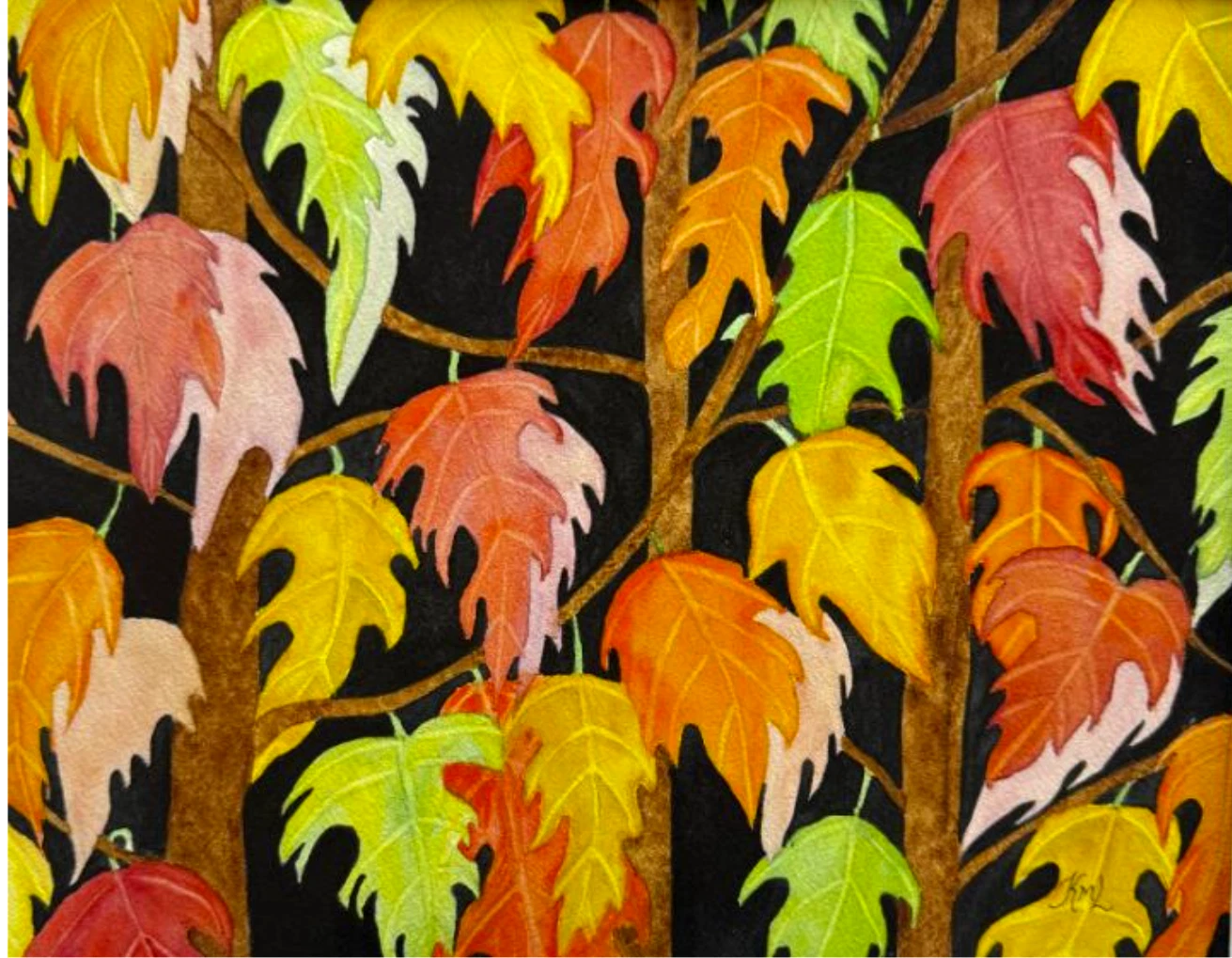 PAINTING WATERCOLOR ART FALL LEAVES RED ORANGE 11X14 and WHITE DOUBLE MAT 16X20