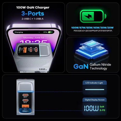 100W GaN Multiport Fast Charger QC4.0 PD 3 Pin UK Travel Adapter Type C UK - 第 6/7 張圖片